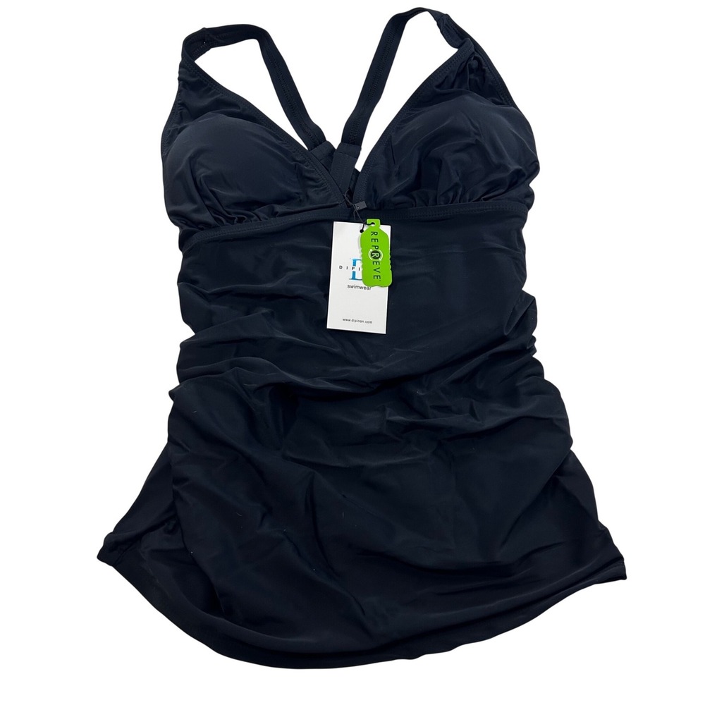 Dipinon Womens Black V-neck Ruched Tankini Top Recycled Swimwear Size M NWT